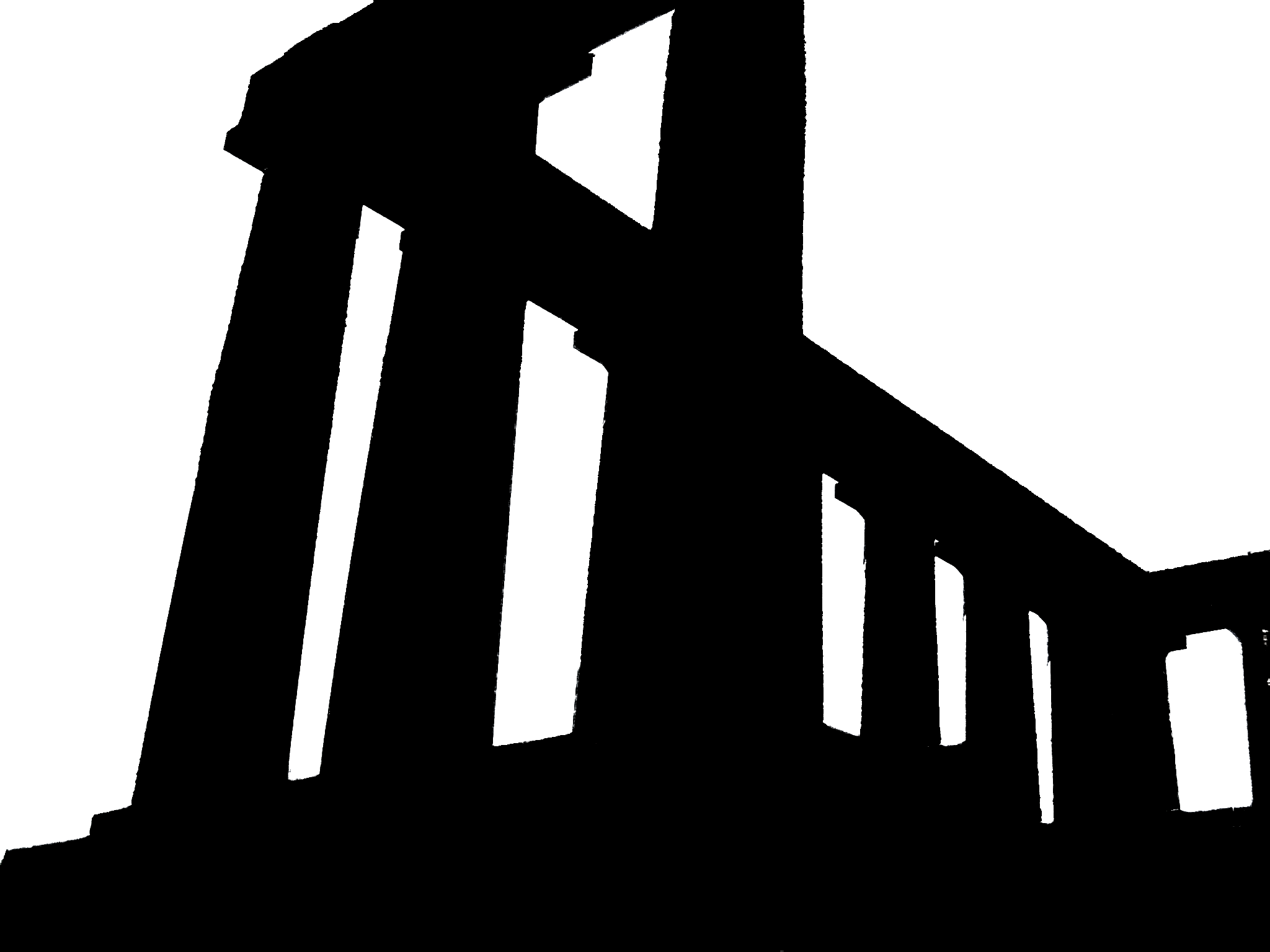 A digitally-altered view of the National Monument of Scotland at Calton Hill in Edinburgh — a row and two square corners of classical columns topped by lintels — viewed looking through the columns and upwards. The image's colours have been altered so the sky is pure white, and the monument and its plinth are pure black.