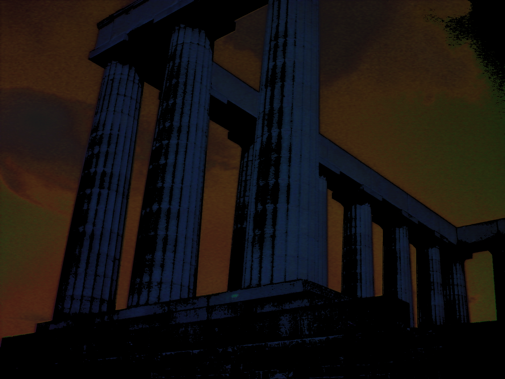 A digitally-altered view of the National Monument of Scotland at Calton Hill in Edinburgh — a row and two square corners of classical columns topped by lintels — viewed looking through the columns and upwards. The image's colours have been altered so the sky is a swirling mixture of dark reds, oranges and greens; the monument and its plinth are blue with black shadows.